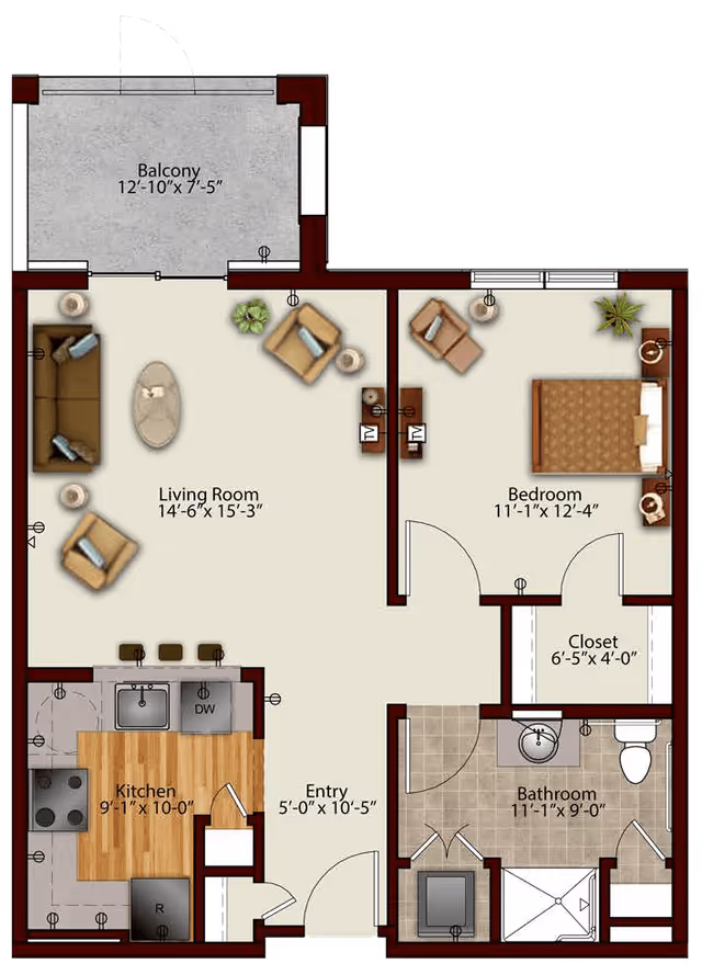 Floor plan of a one-bedroom apartment at Harmony at Hershey showing a balcony, living room with sofa and chairs, kitchen with appliances, entry area, bedroom with bed and nightstands, closet, and bathroom with shower, sink, and toilet.