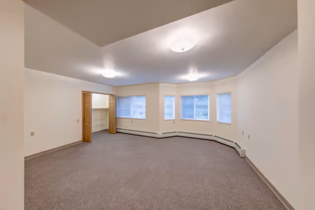 Empty carpeted room with bay windows, baseboard heating, and an open closet with wooden bifold doors.