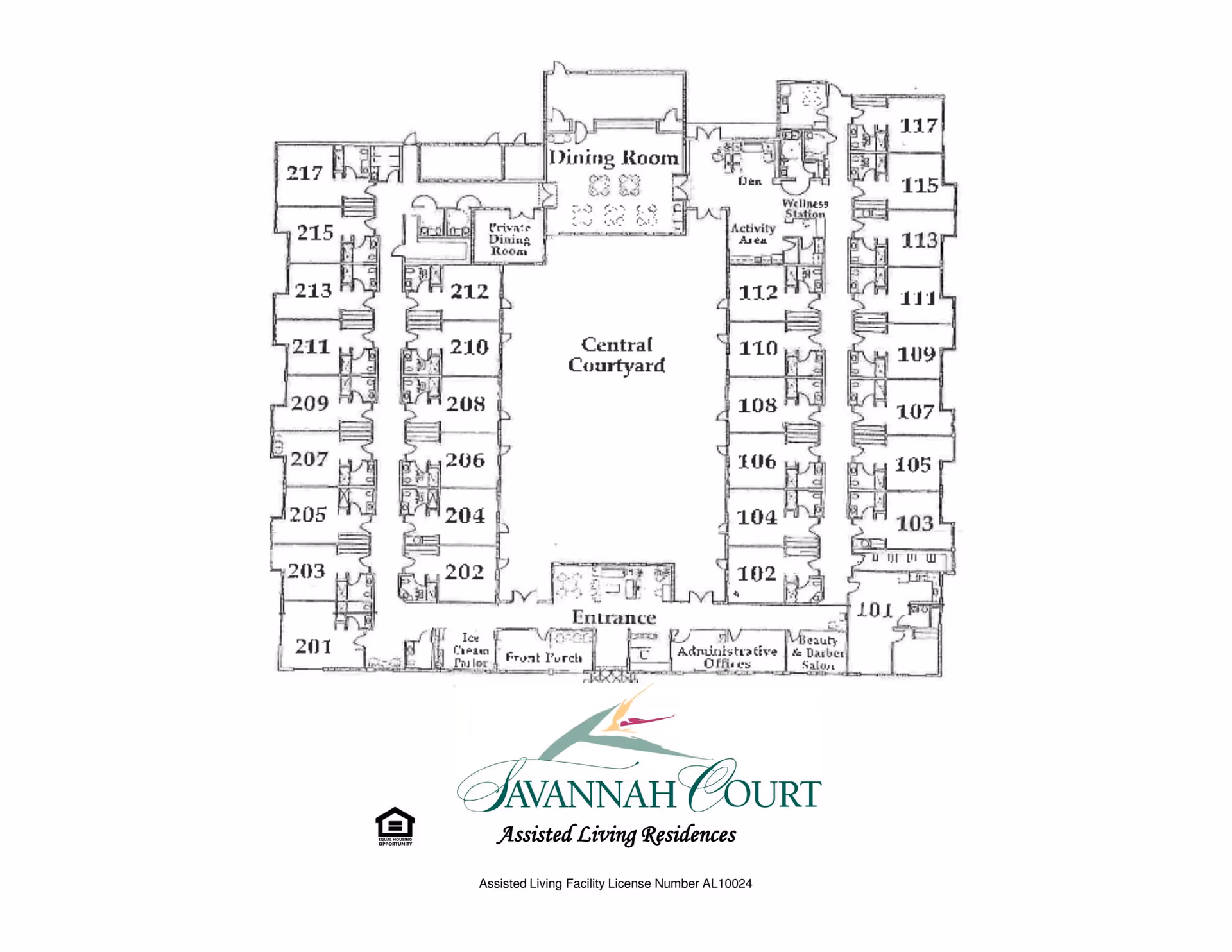 Floor plan of Savannah Court of Lakeland assisted living facility showing a central courtyard surrounded by rooms numbered 101 to 217, dining room, private dining room, wellness station, activity area, den, administrative offices, beauty and barber salon, ice cream parlor, and front porch.