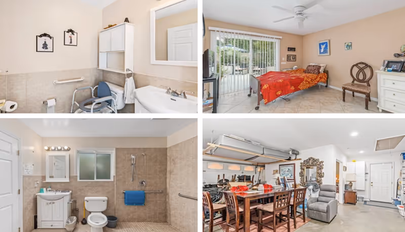 A collage of four images showing different interior areas of a senior living facility. The top left image shows a bathroom with a sink, toilet, and a shower chair. The top right image shows a bedroom with a single bed covered with a red blanket, a chair, a dresser, and sliding glass doors leading outside. The bottom left image shows a larger bathroom with a toilet, sink, and a walk-in shower with grab bars. The bottom right image shows a dining area with a wooden table and chairs, a recliner, and various home decor items including a large mirror and framed pictures.