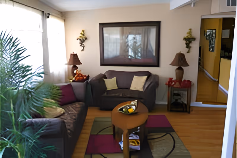 A cozy living room with two dark-colored sofas adorned with cushions, a small wooden coffee table with decorative items, a colorful area rug, two table lamps on side tables, wall decorations, and a large framed picture on the wall. There is a plant near the window letting in natural light.