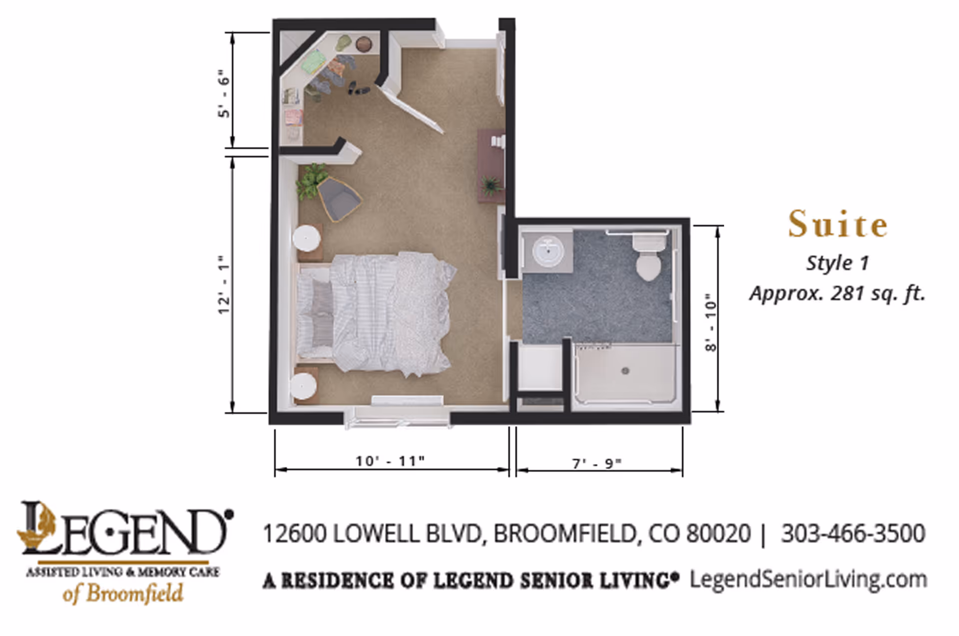 Floor plan of a suite style 1 at Legend of Broomfield showing a bedroom area with a bed, two nightstands, a chair, and a closet, along with an attached bathroom containing a sink, toilet, and shower. The suite is approximately 281 square feet.