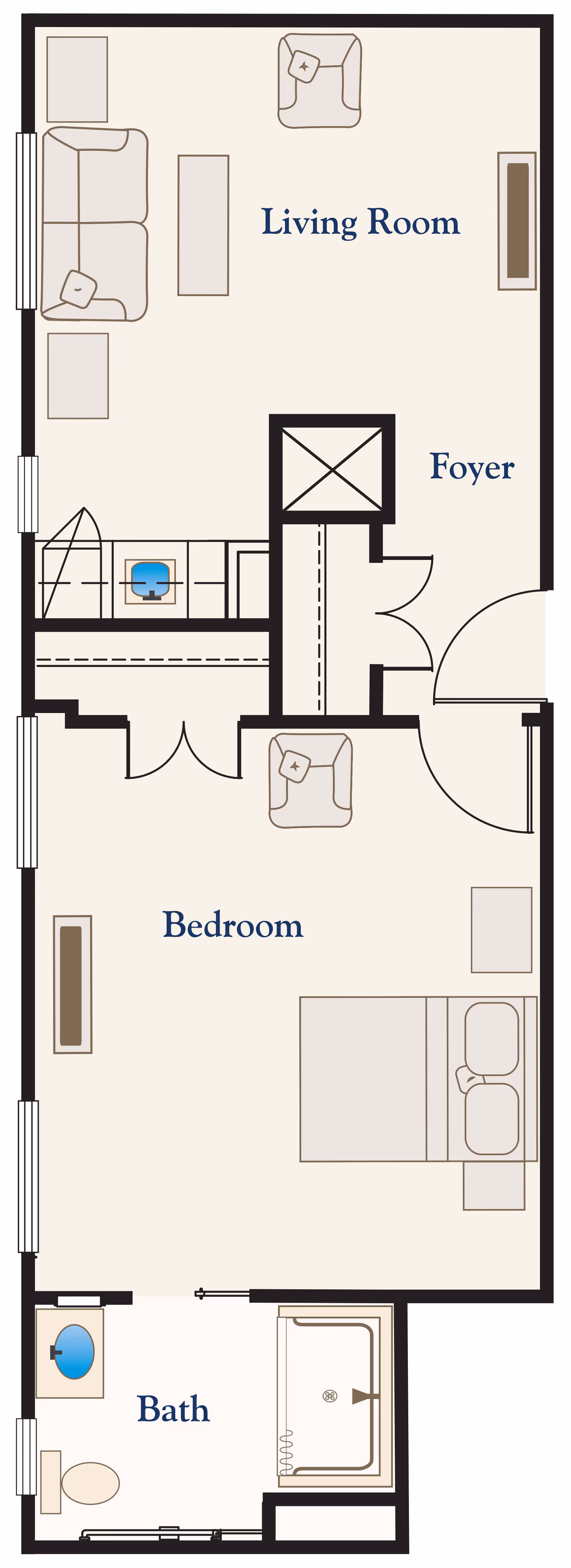 Floor plan of a senior living apartment at Springwell Senior Living Community showing a living room with sofa, chair, and tables; a foyer; a bedroom with a bed, chair, and side tables; and a bathroom with a sink, toilet, and bathtub.