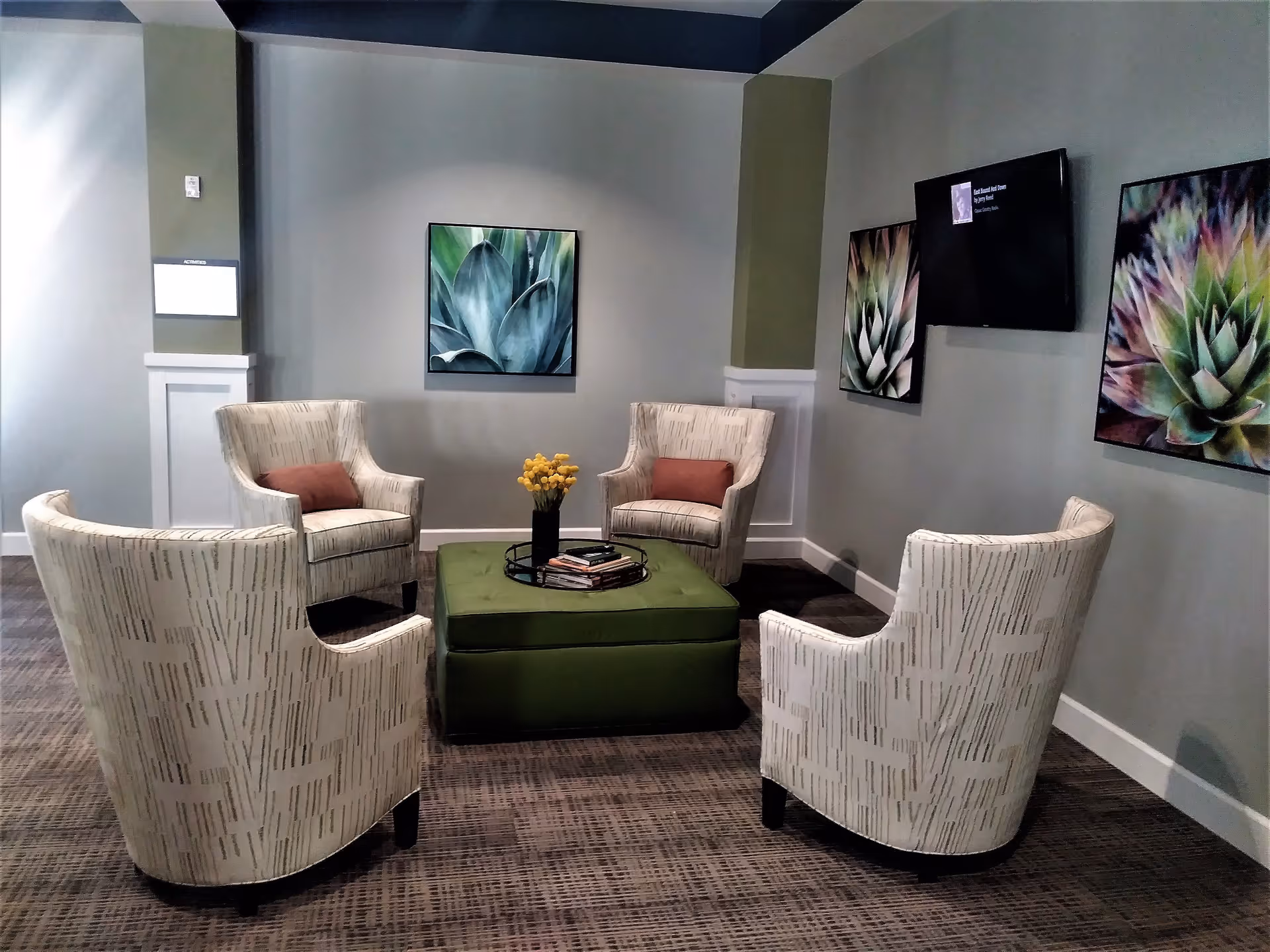 A cozy seating area with four patterned armchairs arranged around a green ottoman with a tray holding books and a vase of yellow flowers. The walls are decorated with three framed pictures of succulent plants and a flat-screen TV displaying a music playlist.