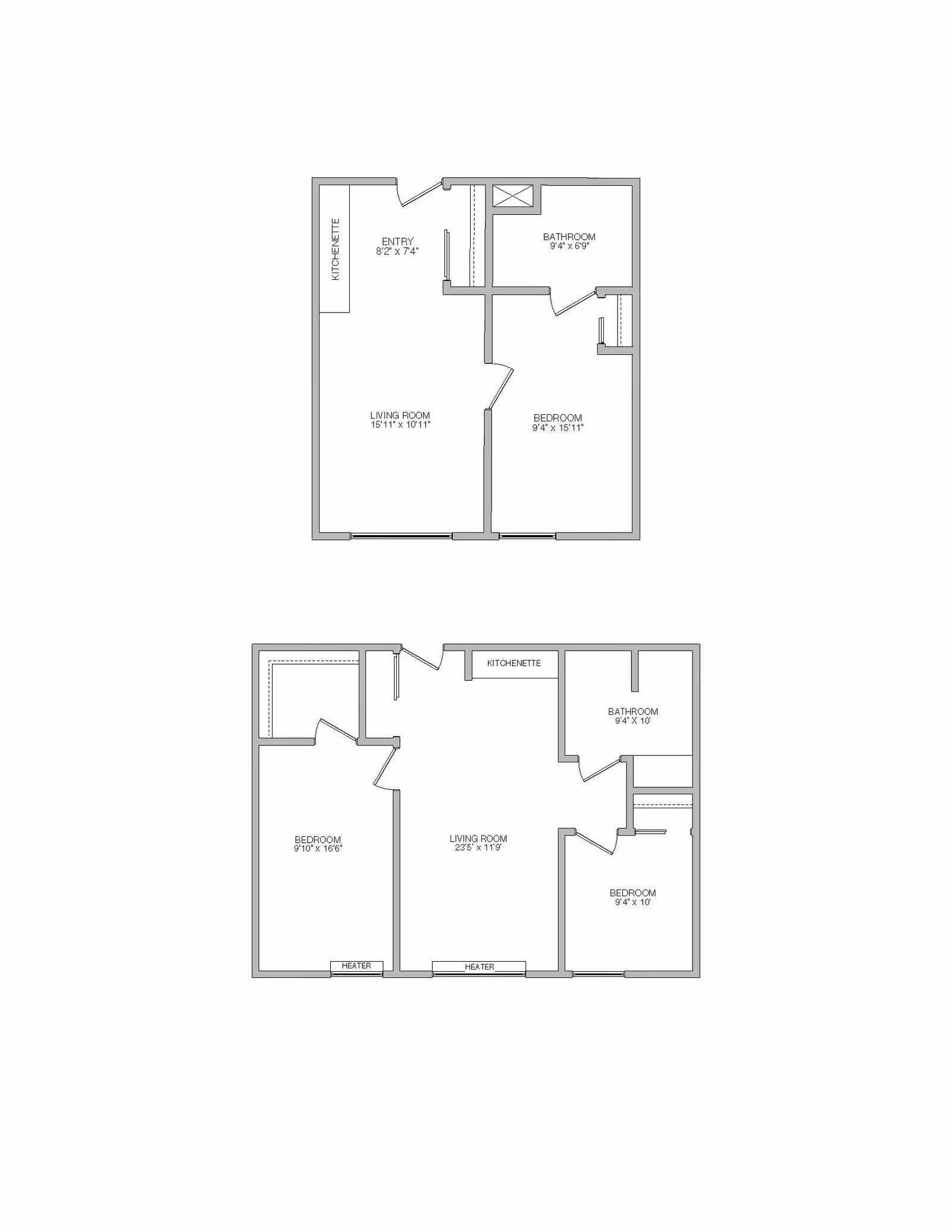 Architectural floor plans showing two different apartment layouts with labeled rooms including living room, bedroom(s), bathroom, kitchenette, and entry. Dimensions are provided for each room.