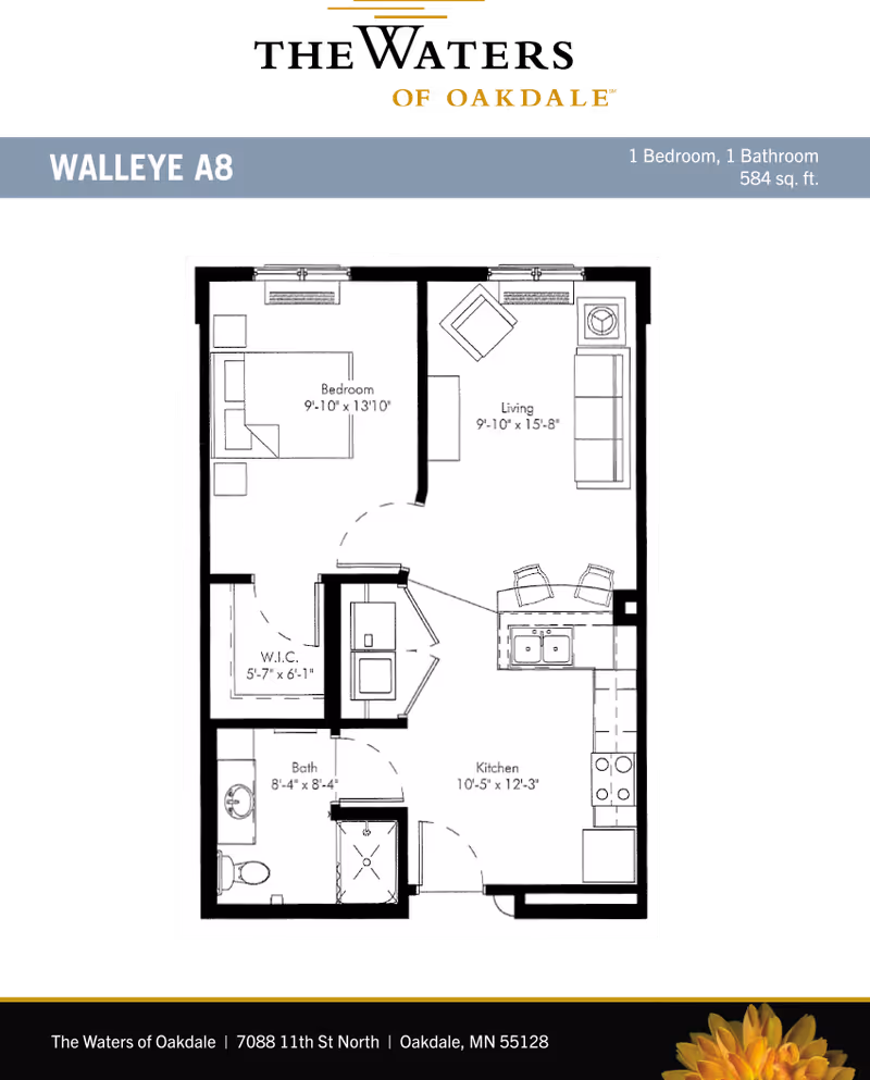 Floor plan of a one-bedroom, one-bathroom apartment named Walleye A8 at New Perspective Senior Living Oakdale. The layout includes a bedroom measuring 9'-10" x 13'-10", a living room measuring 9'-10" x 15'-8", a kitchen measuring 10'-5" x 12'-3", a bathroom measuring 8'-4" x 8'-4", and a walk-in closet measuring 5'-7" x 6'-1". The kitchen features a counter with two chairs, a sink, stove, and refrigerator. The living room has a sofa and chair, and the bedroom contains a bed and nightstands.