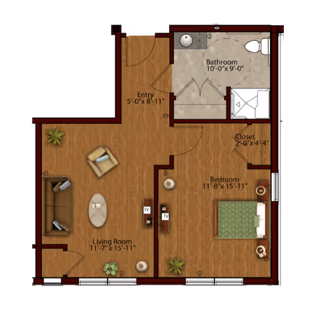 Floor plan of a senior living unit at Harmony at Southridge showing an entry area, living room with sofa and chair, bedroom with bed and nightstands, bathroom with shower, toilet and sink, and a closet.