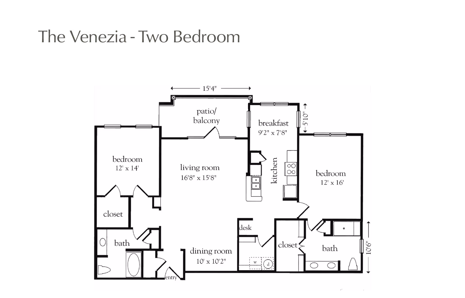 Floor plan of The Venezia - Two Bedroom apartment at Atria Canyon Creek, showing two bedrooms, two bathrooms, a living room, dining room, kitchen with breakfast area, patio/balcony, closets, and entry.