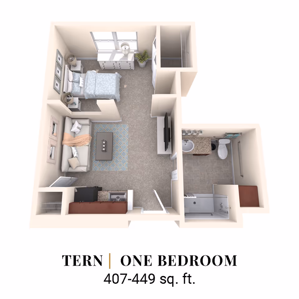 3D floor plan rendering of a one-bedroom apartment showing a bedroom, living area, kitchenette and bathroom.