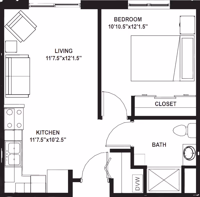 Architectural floor plan of a senior community apartment unit showing a living room with furniture, a kitchen with appliances, a bedroom with a bed and closet, and a bathroom with a toilet, sink, and shower.