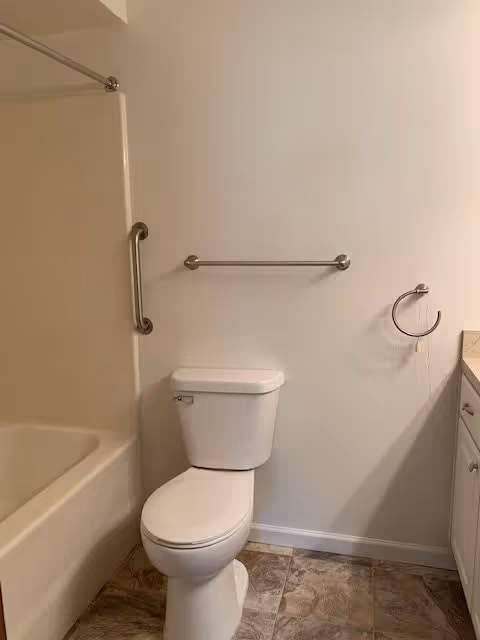 Bathroom showing a toilet beside a bathtub with grab bars and a vanity countertop.