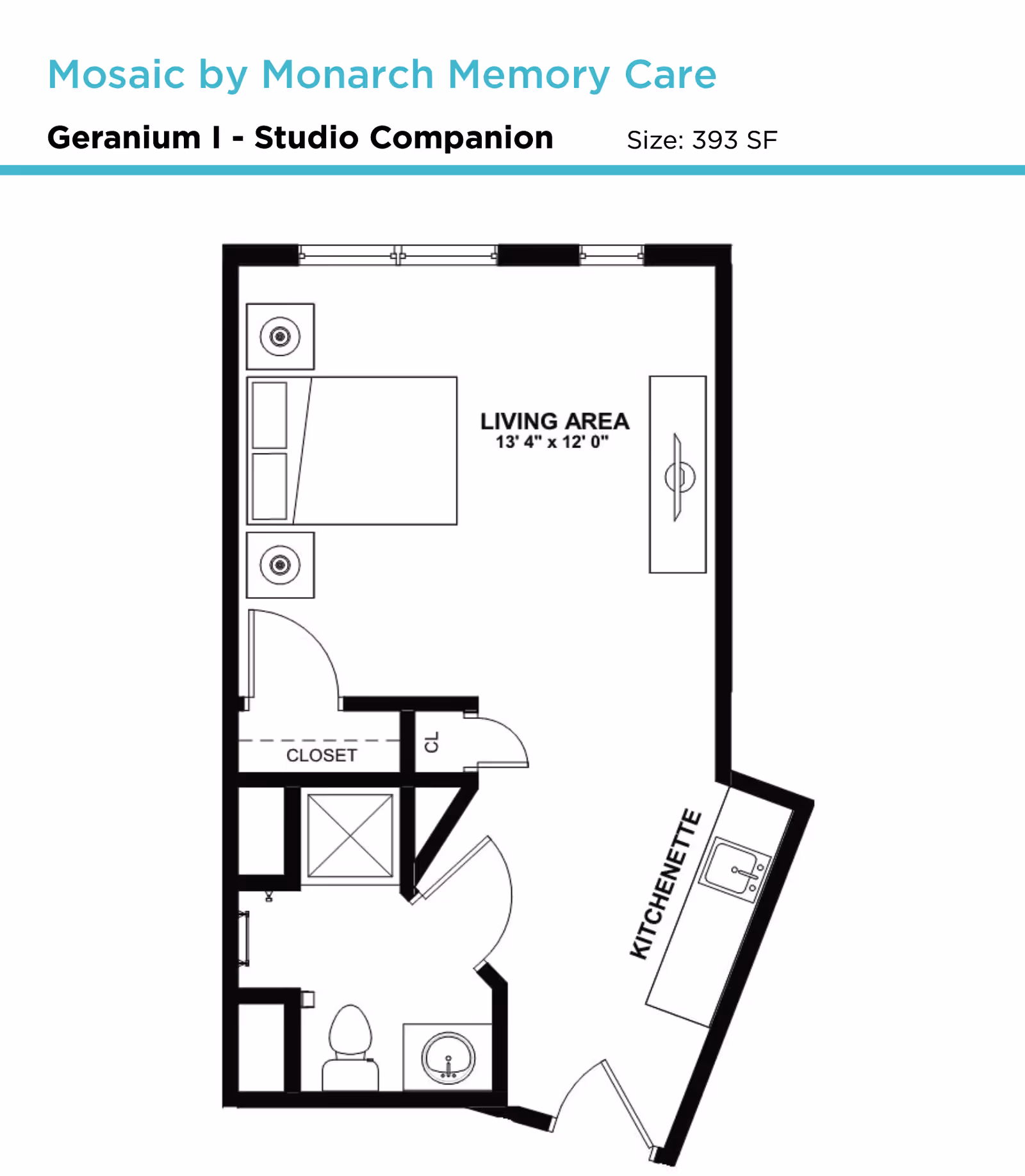Floor plan labeled 'Geranium I - Studio Companion' showing a studio layout with a living area, kitchenette, closet, and bathroom.