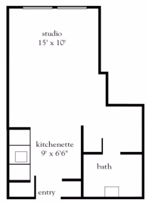 Floor plan of a studio apartment at Peregrine Senior Living at Crossgate showing a studio room measuring 15 feet by 10 feet, a kitchenette measuring 9 feet by 6 feet 6 inches, an entry area, and a bathroom.