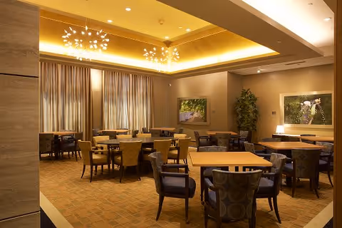 A warmly lit dining room with multiple wooden tables and cushioned chairs arranged neatly. The room features modern ceiling lights with decorative fixtures, large windows with curtains, framed nature photographs on the walls, and a tall green plant in the corner.