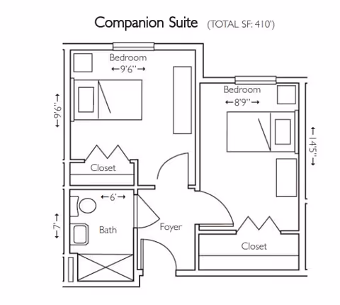 Floor plan of a companion suite with a total area of 410 square feet. The layout includes two bedrooms, one measuring 9 feet 6 inches by 9 feet 6 inches and the other 8 feet 9 inches by 14 feet 5 inches. Each bedroom has a closet. There is a bathroom measuring 6 feet by 7 feet, and a foyer area connecting all rooms.