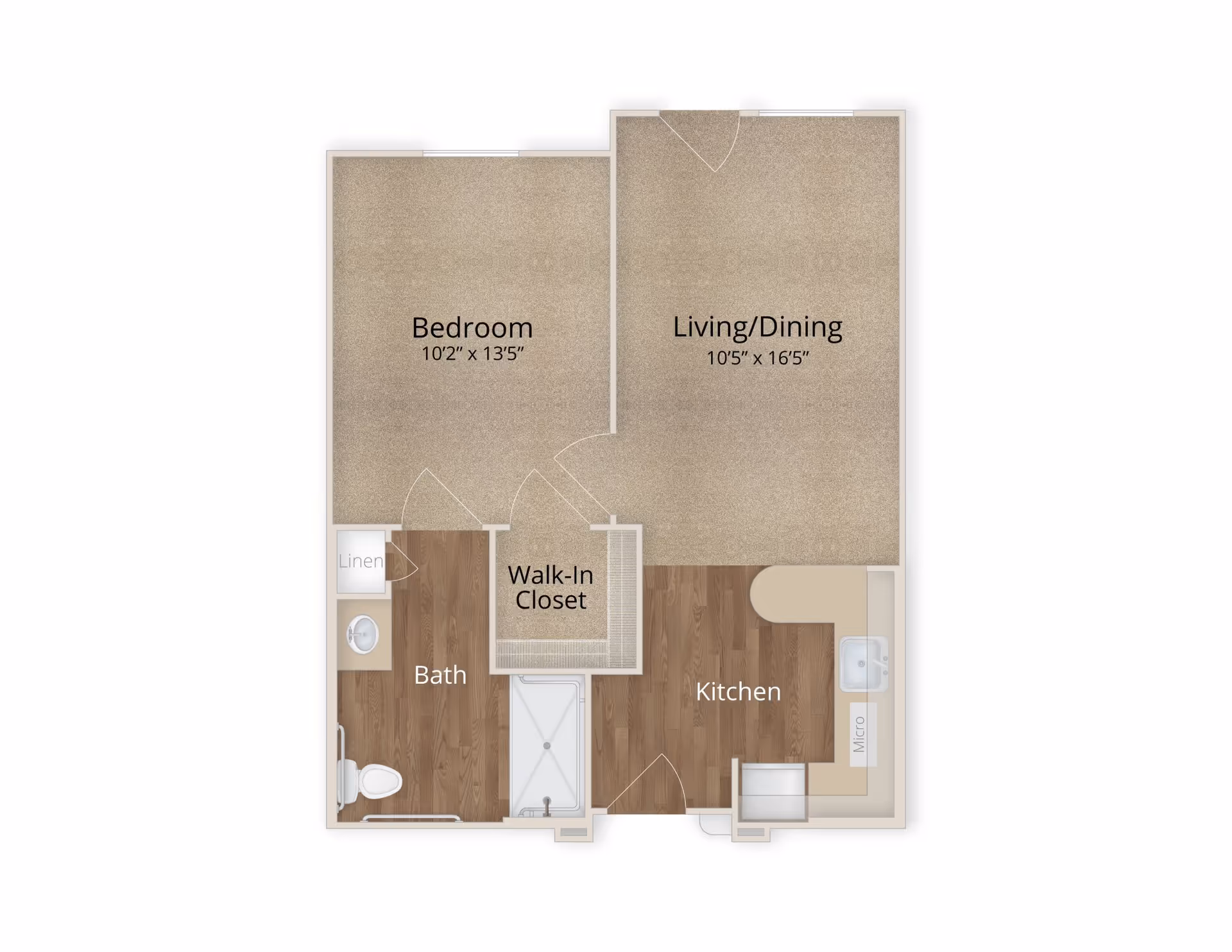 Floor plan of a senior living apartment at Arabella of Longview Senior Living showing a bedroom measuring 10 feet 2 inches by 13 feet 5 inches, a combined living and dining area measuring 10 feet 5 inches by 16 feet 5 inches, a kitchen with a sink and microwave, a walk-in closet, and a bathroom with a toilet, sink, and shower.