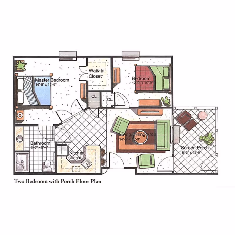 Colored architectural floor plan of a two-bedroom apartment with a porch, showing labeled rooms including master bedroom, bedroom, walk-in closet, bathroom, kitchen, living/dining area, and screen porch with furniture layout.