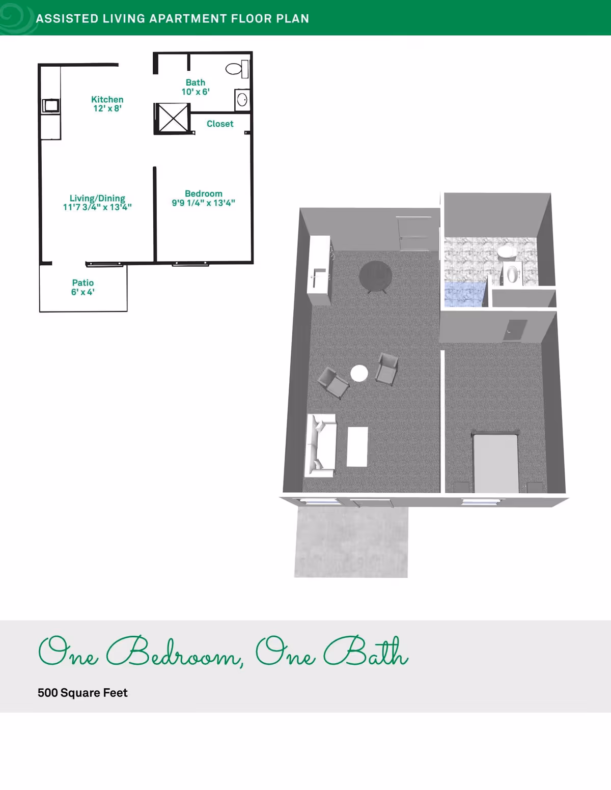 Floor plan and 3D layout of a one-bedroom, one-bath assisted living apartment with a kitchen, living/dining area, bedroom, bathroom, closet, and patio. The total area is 500 square feet.