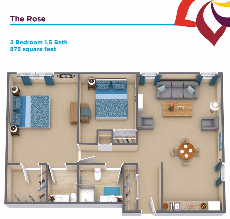 Floor plan of The Rose, a 2 bedroom, 1.5 bath apartment with 875 square feet. The layout includes two bedrooms with beds and nightstands, a living room with a sofa, two chairs, coffee table, and a round dining table with four chairs. The kitchen area has a sink, stove, and refrigerator. There is a full bathroom with a bathtub and a half bathroom with a toilet and sink. Multiple closets are also shown.