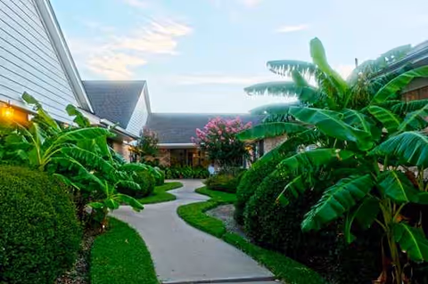 Curved concrete path through lush tropical plants toward a building courtyard.