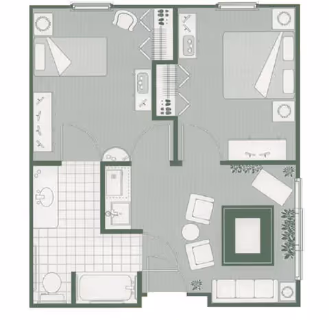 Schematic floor plan of a two-bedroom, one-bath apartment showing a living room, kitchenette, closets, and an entry.