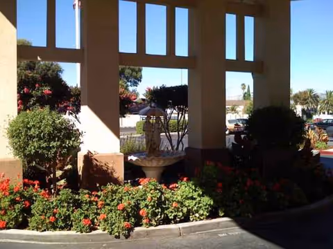 Front walkway with columns, planters, and blooming shrubs at Carlton Senior Living San Jose.