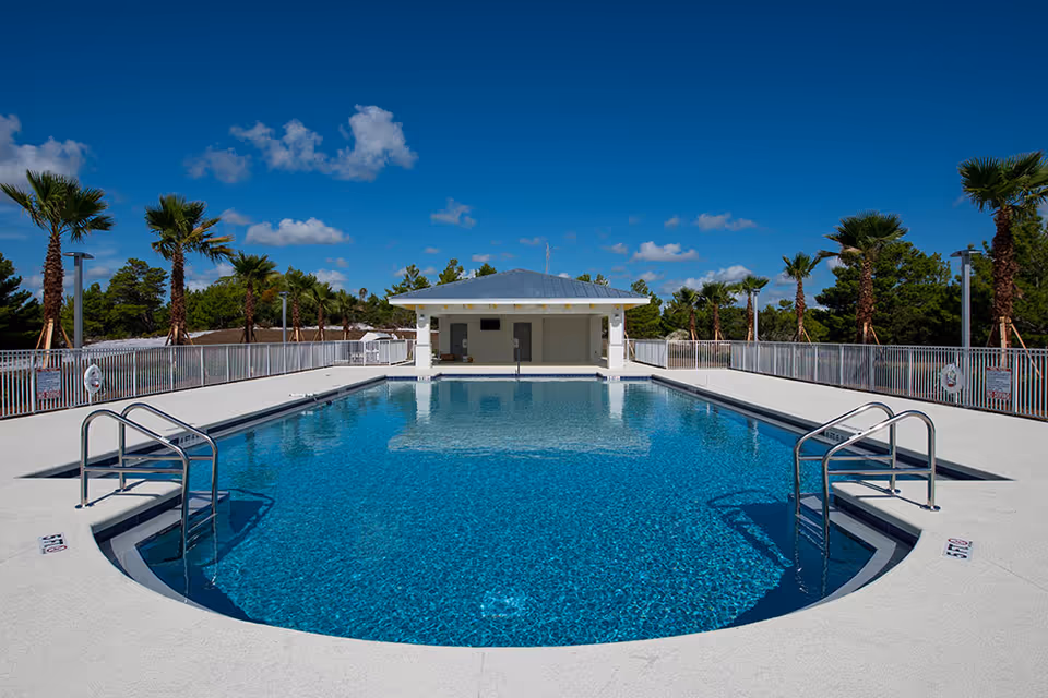 Outdoor rectangular swimming pool with metal handrails, a pool house, and palm trees under a clear blue sky.