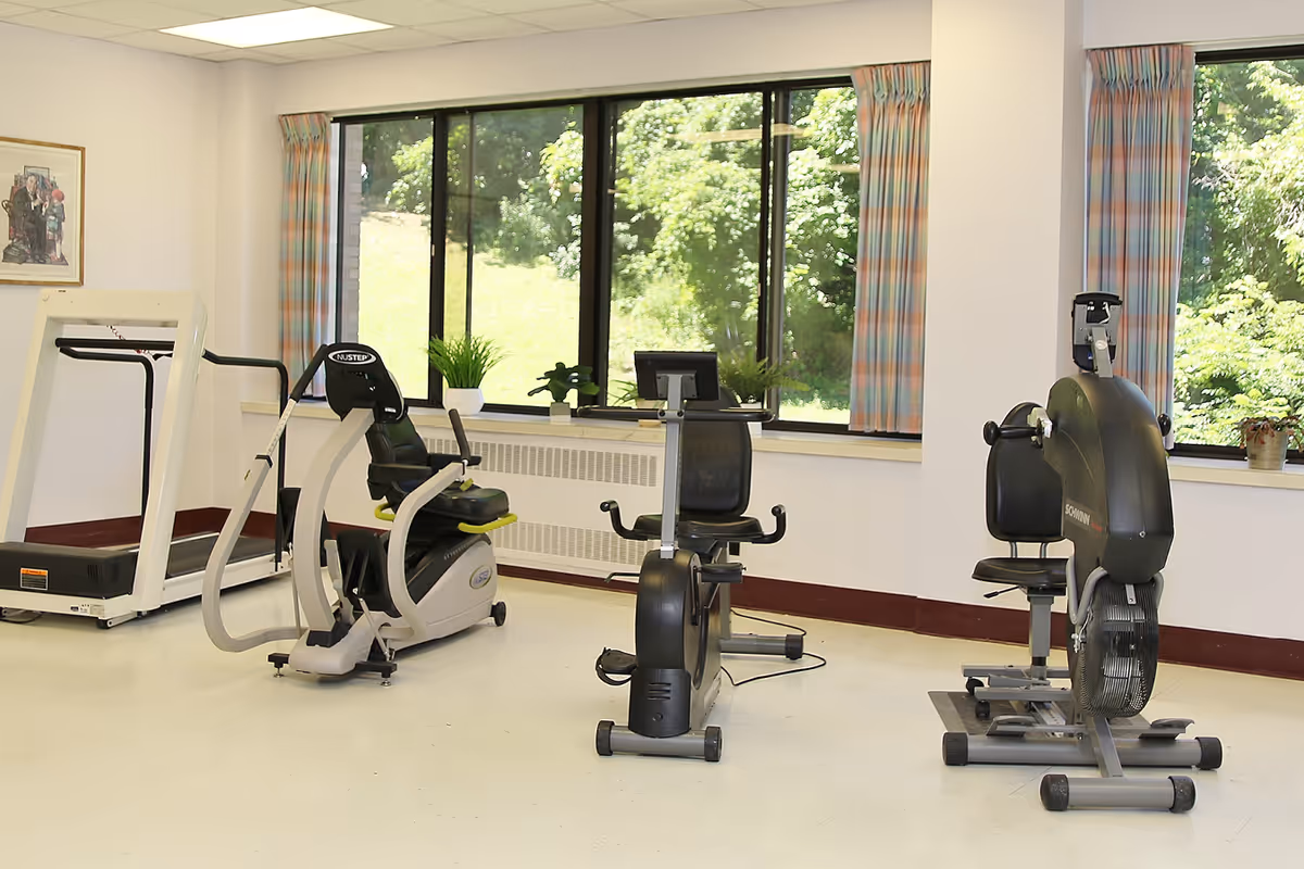 A bright exercise room with a treadmill, recumbent and upright stationary bikes in front of large windows.