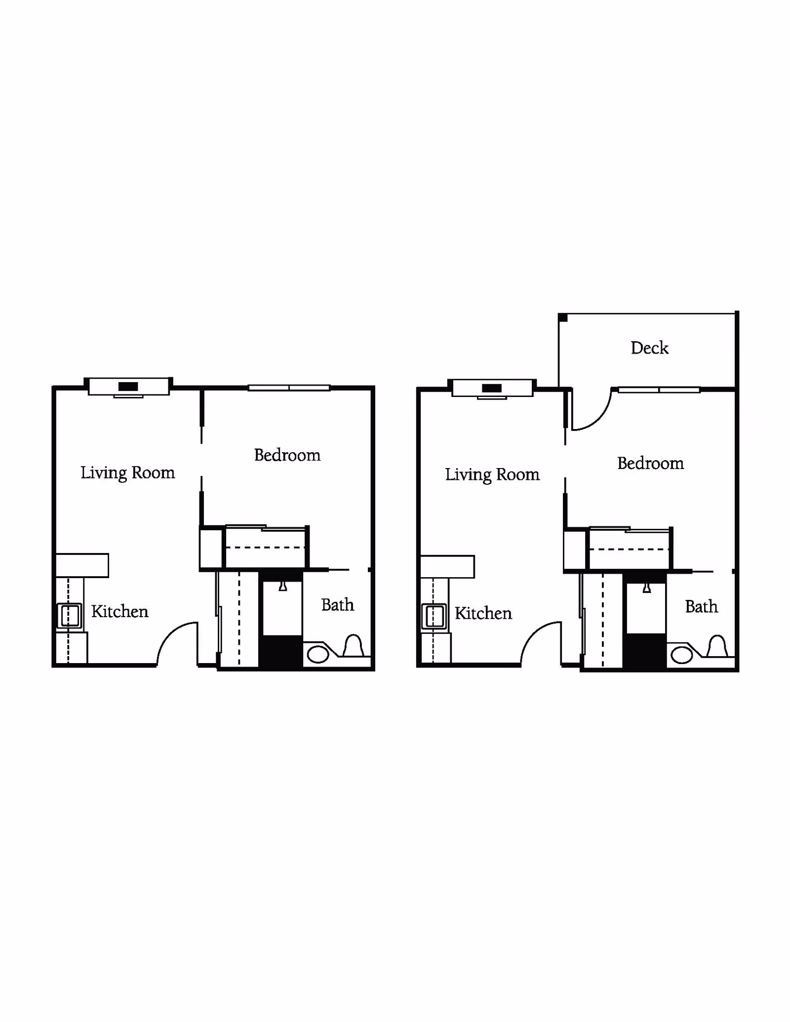 Architectural floor plan showing two similar apartment layouts, each with a living room, kitchen, bedroom, and bathroom. The right layout includes a deck attached to the bedroom.