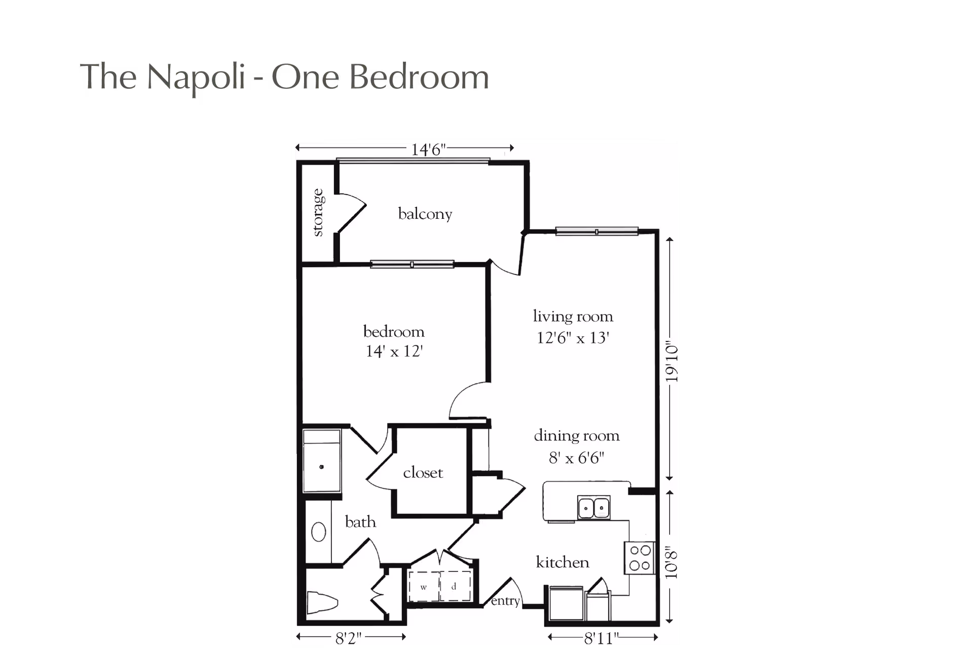 Floor plan of The Napoli one-bedroom apartment showing a bedroom, living room, dining room, kitchen, bathroom, closet, storage, balcony, and entry area with dimensions.