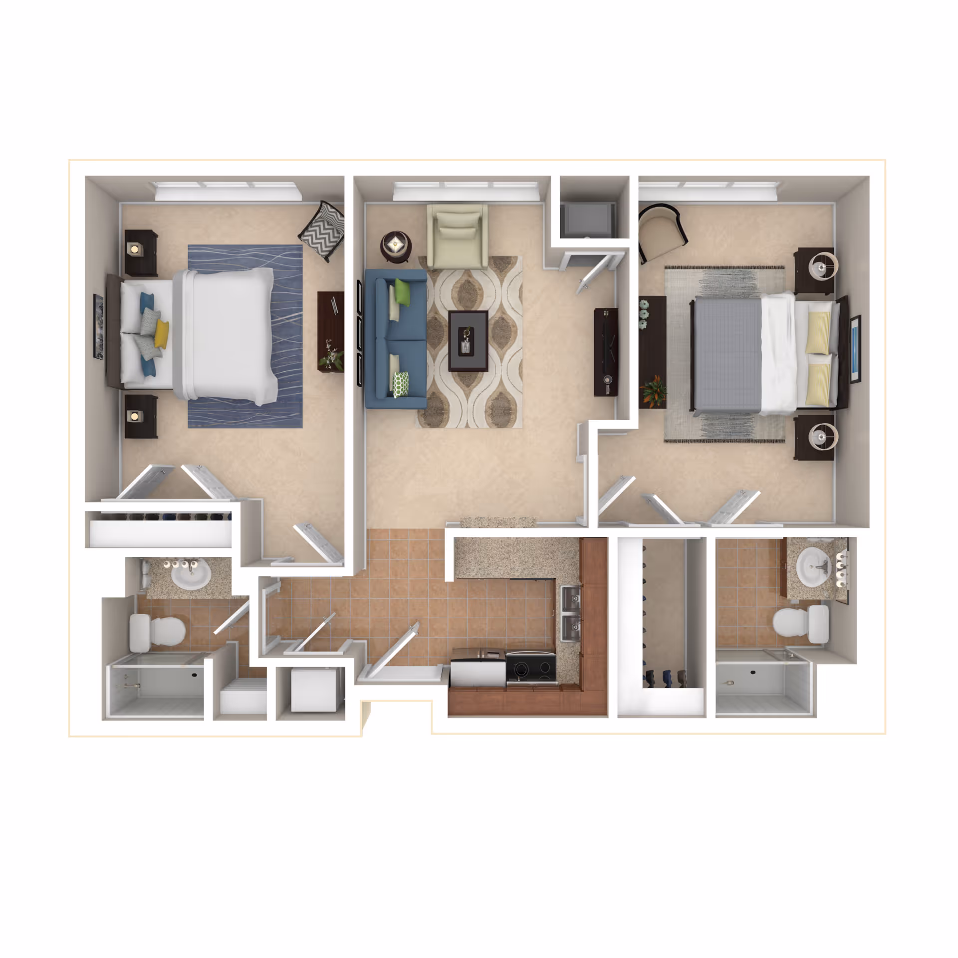 Top-down view of a two-bedroom apartment floor plan featuring two bedrooms, two bathrooms, a living room with sofa and armchair, and a kitchen with appliances and counter space.