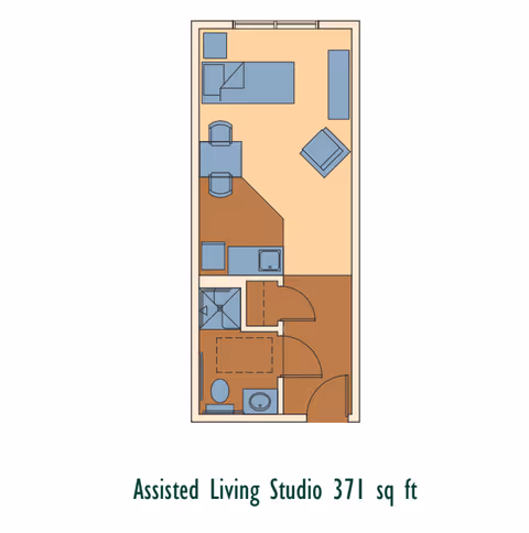 Floor plan of an assisted living studio apartment measuring 371 square feet, showing a combined living and sleeping area with a bed, chairs, and a small kitchenette, along with a separate bathroom including a shower, toilet, and sink.