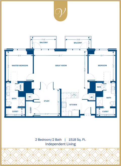 Floor plan drawing of a 2-bedroom, 2-bath independent living apartment showing a great room, kitchen, study, two balconies and room measurements.