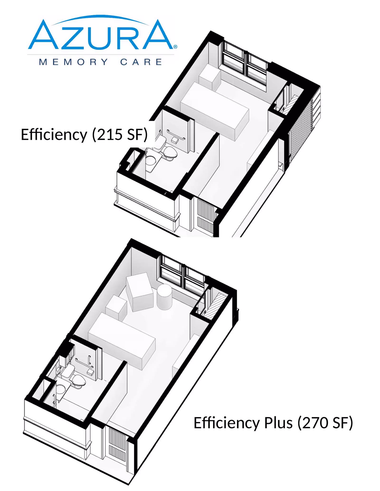 Two 3D floor plans for Azura Memory Care showing Efficiency (215 SF) and Efficiency Plus (270 SF) apartment layouts with basic furniture and bathroom fixtures.