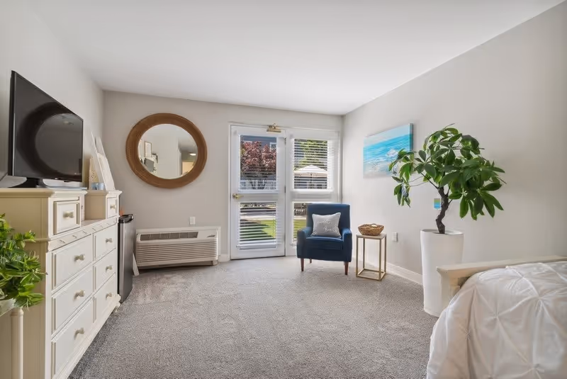 A bright and cozy living area in a senior living facility with a large windowed door leading outside. The room features a blue armchair with a pillow, a small side table with a basket, a large green potted plant, a white dresser with a flat-screen TV on top, a round wall mirror, and a bed partially visible on the right side. The carpet is light gray and the walls are painted a soft beige.