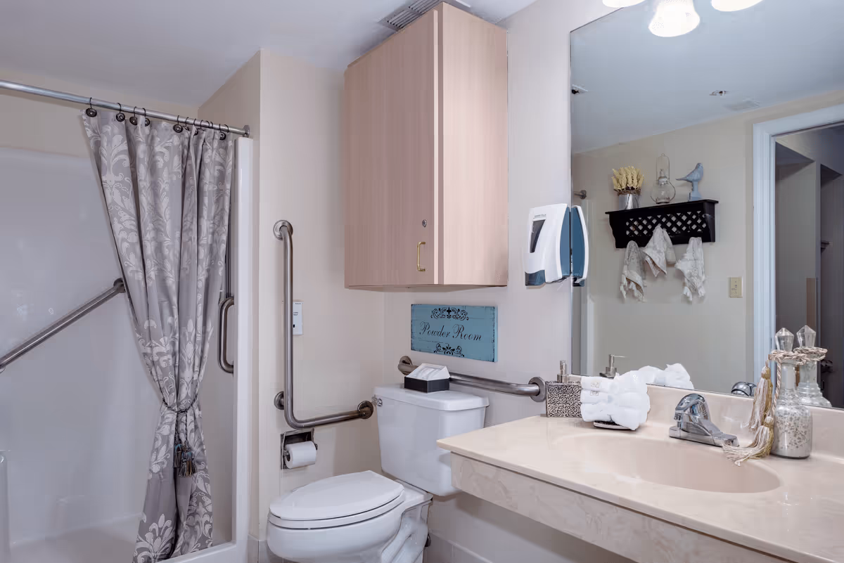 A bathroom with a toilet, a shower with a patterned curtain, a wall-mounted cabinet, and a large mirror above a sink countertop. There are grab bars near the toilet and shower for accessibility. Decorative items and towels are placed on the countertop and a wall shelf.