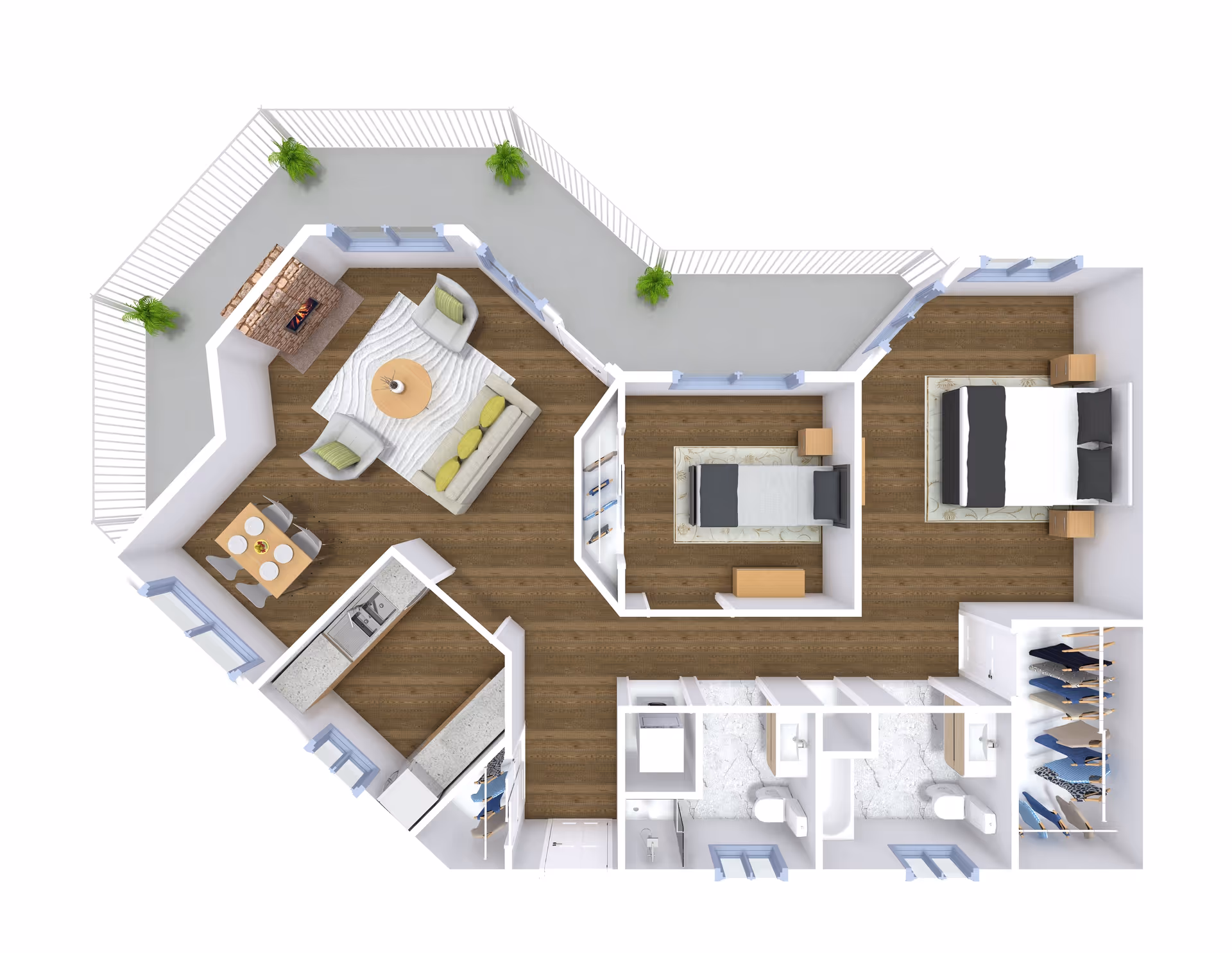 3D floor plan of a senior living apartment featuring a living room with a fireplace, sofa, and chairs, a dining area with a table and four chairs, a kitchen with countertops and appliances, two bedrooms with beds and nightstands, two bathrooms with sinks and toilets, and a walk-in closet. The apartment also has a wrap-around balcony with potted plants.