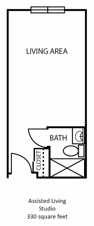 Floor plan of an assisted living studio apartment with a living area, a bathroom, and a closet. The total area is 330 square feet.