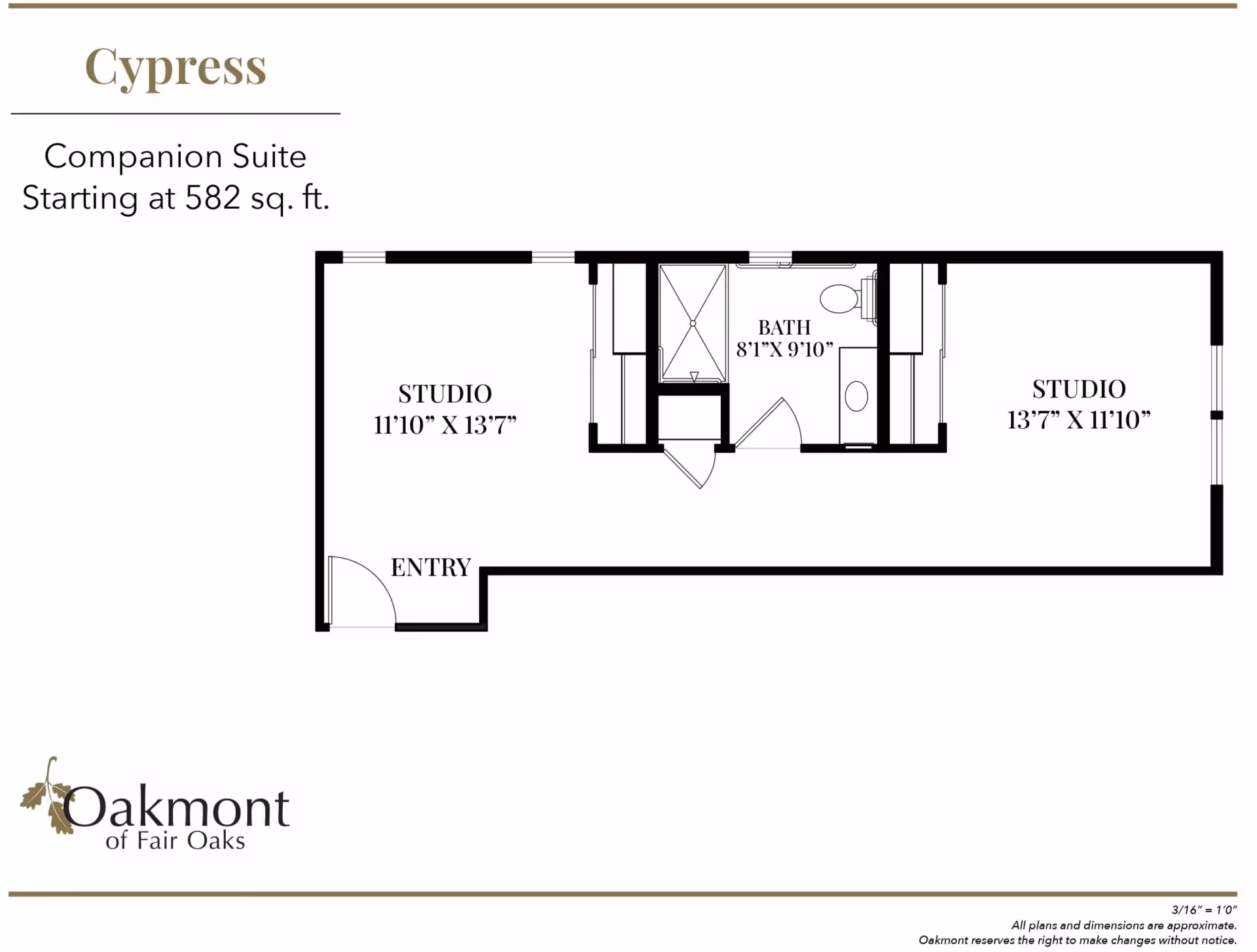 Floor plan titled "Cypress" for a companion suite showing two studio rooms, a central bathroom, and an entry, labeled starting at 582 sq. ft.