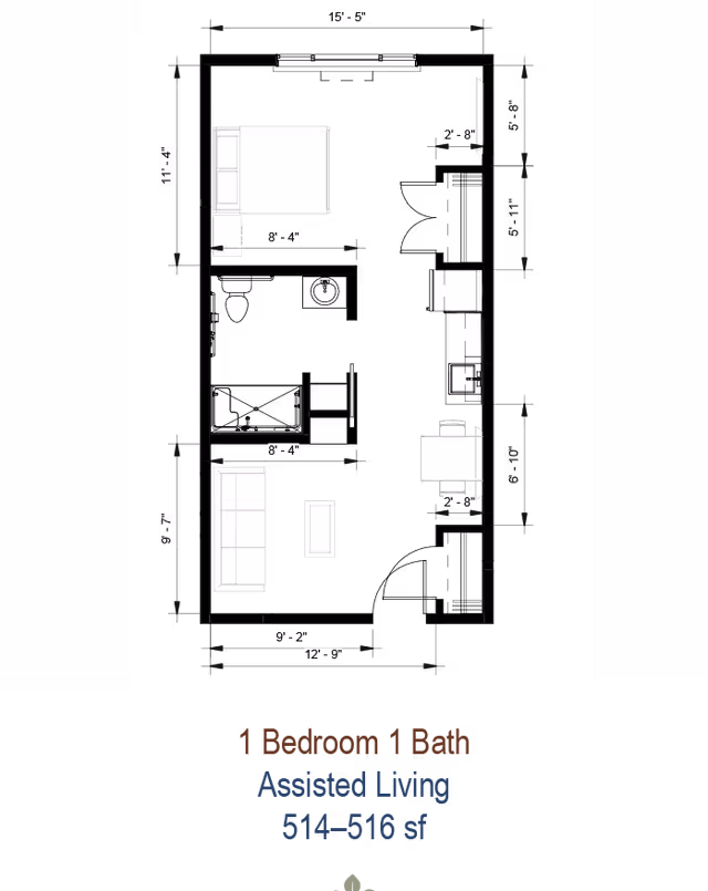 Black-and-white floor plan layout of a one-bedroom, one-bath assisted living apartment showing furniture and dimensions.