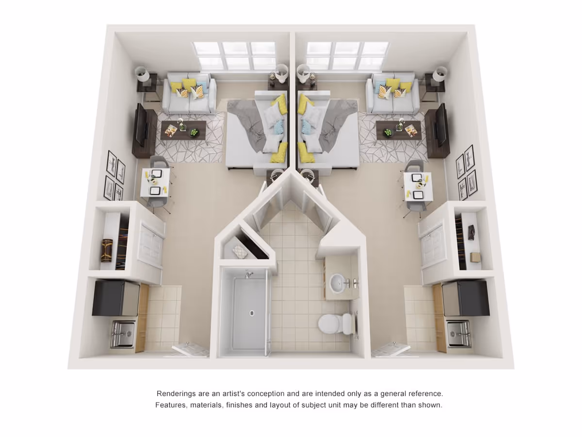 Top-down 3D floor plan rendering of two mirrored studio-style units with beds and living areas, a central shared bathroom, and small kitchens at the front.