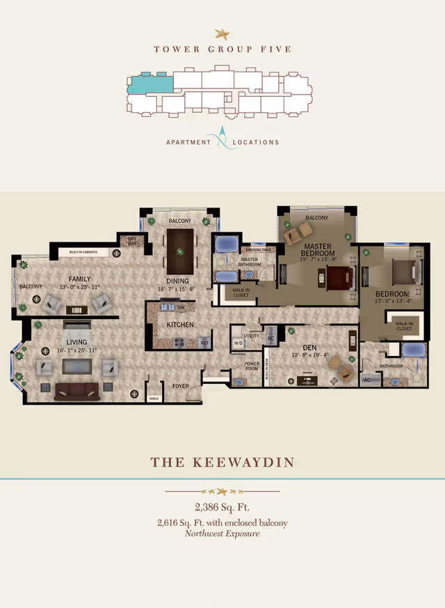 Floor plan of The Keewaydin apartment in Tower Group Five at Premier Place, showing layout with living room, family room, dining area, kitchen, master bedroom with bathroom and walk-in closet, second bedroom with walk-in closet, den, utility room, power room, and balconies.