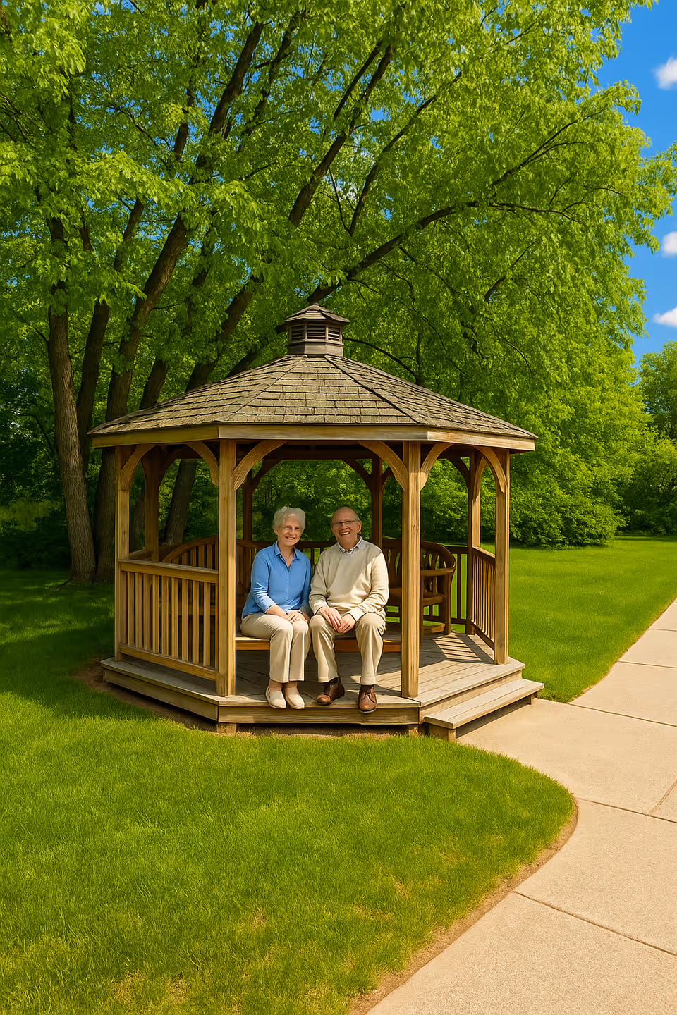 An elderly couple sitting together on a wooden gazebo in a lush green outdoor setting with trees and a clear blue sky.