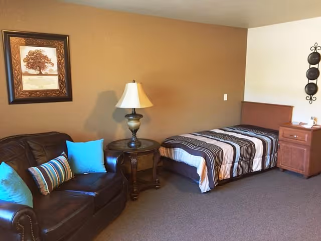 A cozy room with a single bed covered in a striped blanket, a wooden nightstand with a tissue box and cup, a round wooden side table with a decorative lamp, and a dark brown leather couch with blue and striped pillows. The walls are painted in two tones, beige and white, and there is a framed picture of a tree hanging above the couch.