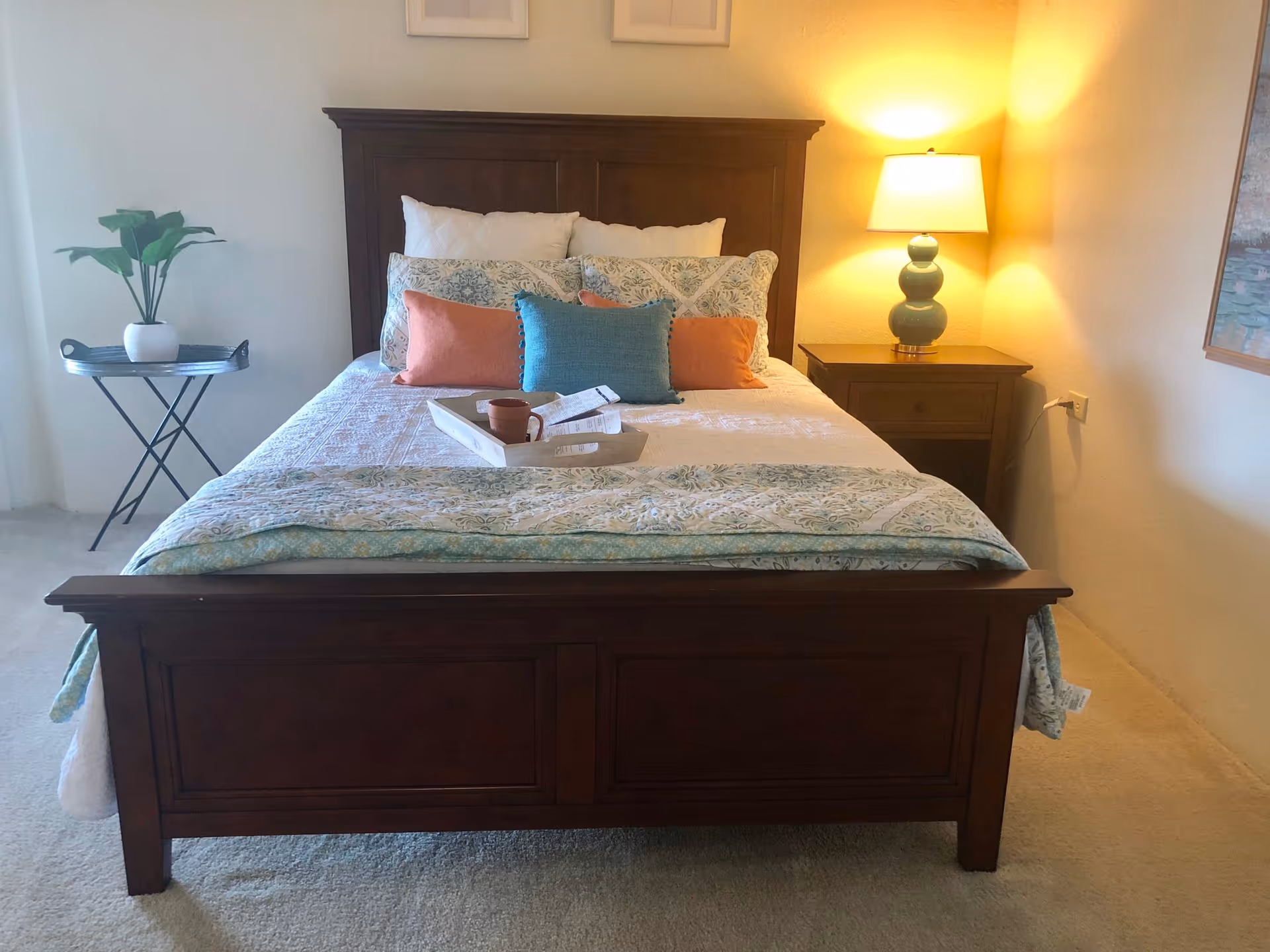 A neatly made bed with a wooden frame, colorful pillows, a nightstand with a lamp, and a plant on a side table in a bedroom.