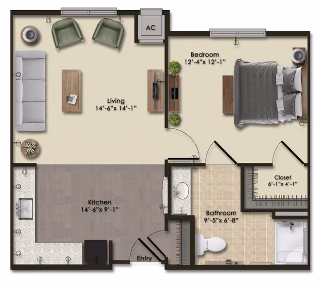 Floor plan of a one-bedroom apartment at Harmony At Douglasville showing a living room with sofa, chairs, coffee table, and TV, a kitchen with counters and appliances, a bedroom with a bed and nightstands, a bathroom with a toilet, sink, and shower, and a closet.