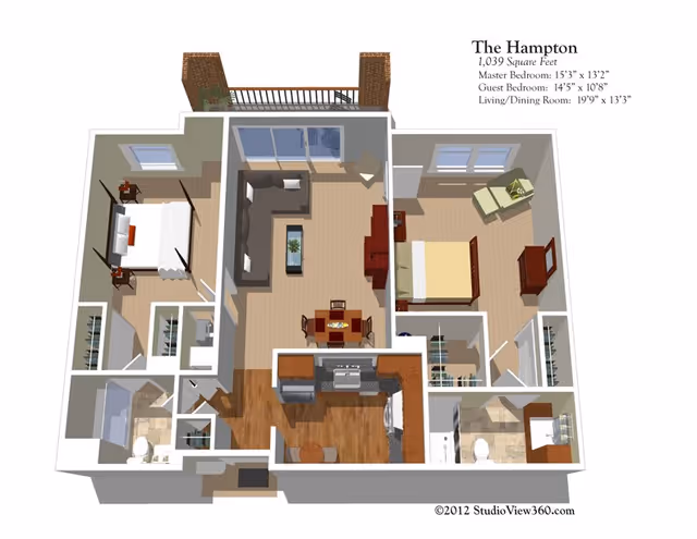 3D floor plan of The Hampton apartment with 1,039 square feet featuring a master bedroom, guest bedroom, living/dining room, kitchen, and two bathrooms. The layout shows furniture placement including beds, sofas, dining table, and kitchen appliances.