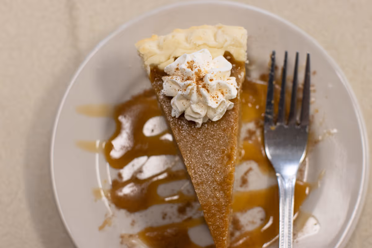 A slice of pumpkin pie topped with whipped cream and a sprinkle of cinnamon on a white plate with caramel sauce drizzled around it, accompanied by a fork.
