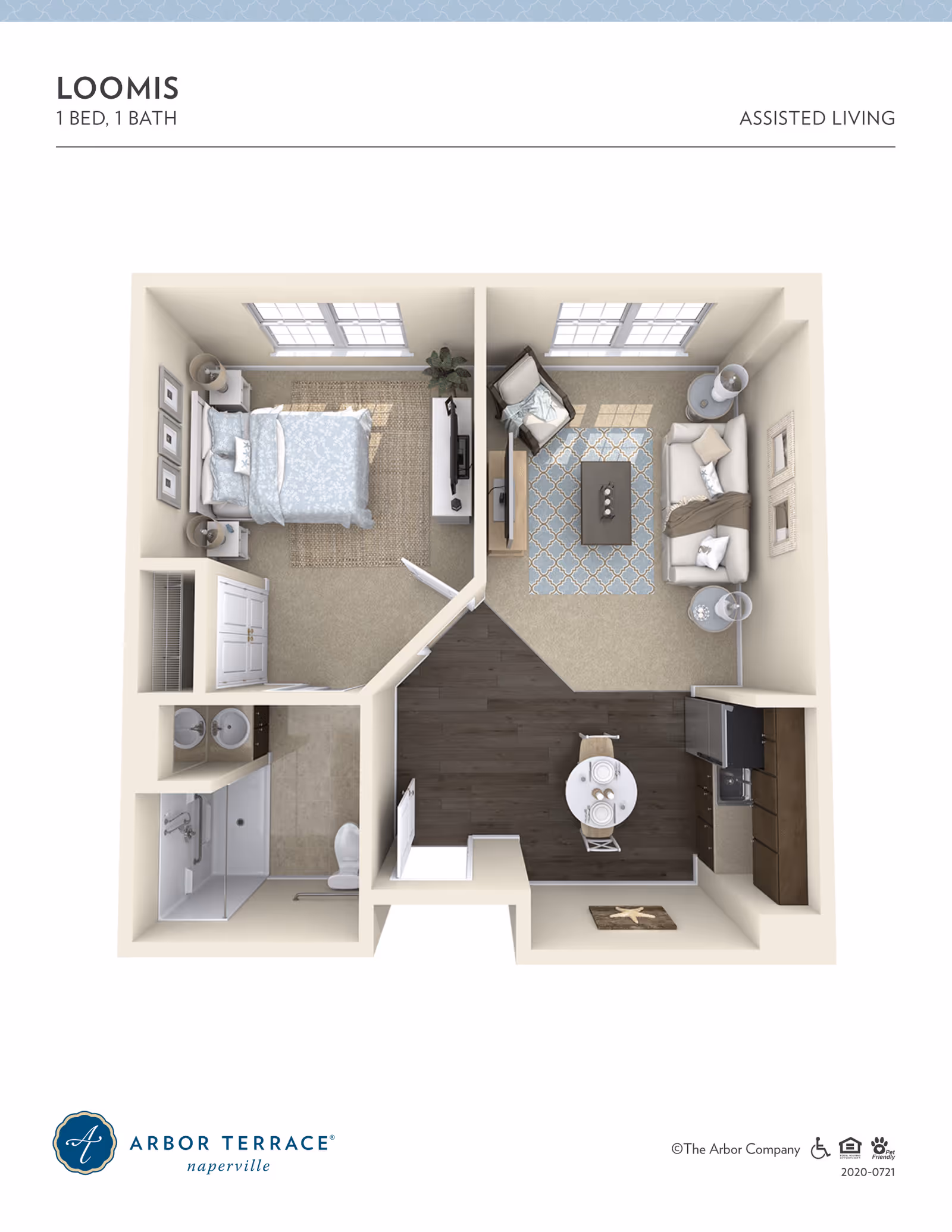 3D floor plan of a one-bedroom, one-bath assisted living apartment showing bedroom, bathroom, living room, dining area, and kitchen.