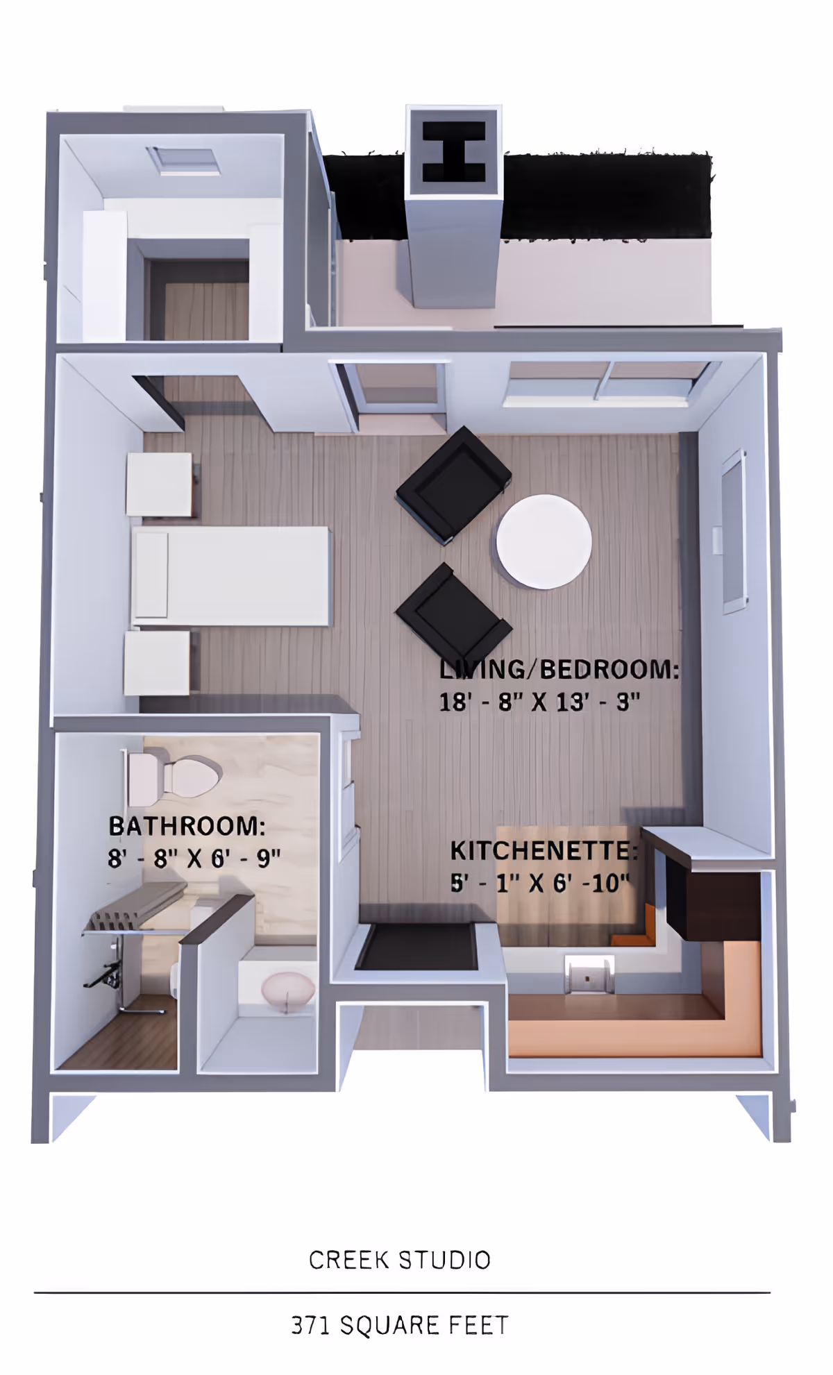 3D floor plan of a studio apartment named Creek Studio with 371 square feet. The layout includes a living/bedroom area with two chairs and a round table, a kitchenette with a counter and sink, and a bathroom with a toilet and shower. Dimensions for each area are labeled within the floor plan.